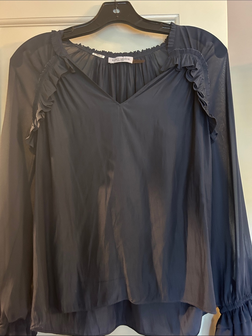 Ralph Lauren Navy Ruffle-Trim Sheer Long-Sleeve Blouse
